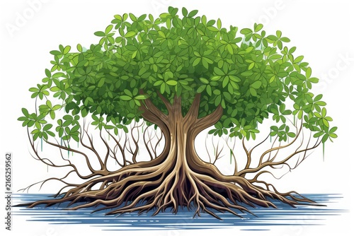 Mangrove tree with green leaves and complex roots submerged in water