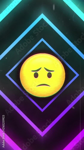 Sad emoji in center over neon geometric shapes animation