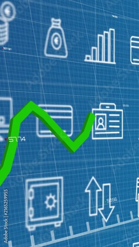 Animating green line graph over financial and business icons on blue background