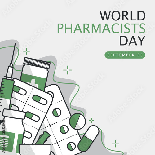 World Pharmacists Day Template. Pharmaceutical elements drawn in outline style