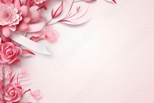 Pink paper flowers and leaves creating an elegant floral corner design on light background