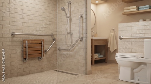 Accessible shower stall with folding teak bench and safety grab bars