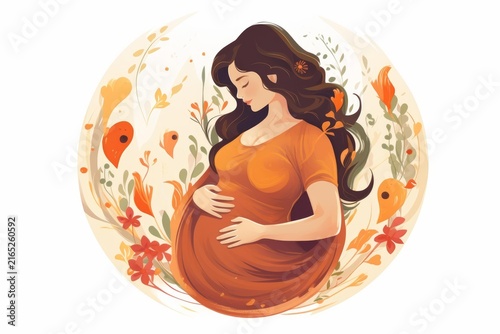Pregnant woman cradling her belly with flowers and vines creating a serene oval frame