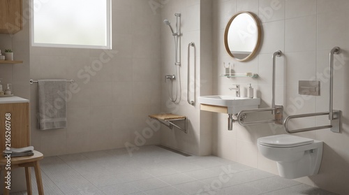 Minimalist accessible bathroom interior featuring grab bars and wall hung toilet