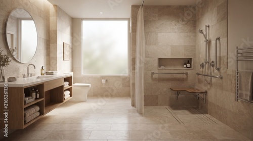 Minimalist accessible bathroom interior featuring grab bars and wall hung toilet