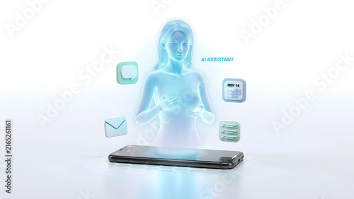 A holographic digital assistant projection emerging from a smartphone screen