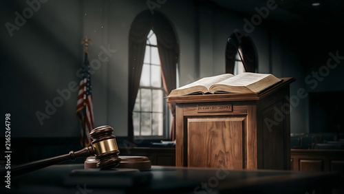 Wooden judge gavel resting on a desk in a solemn courtroom with an open book