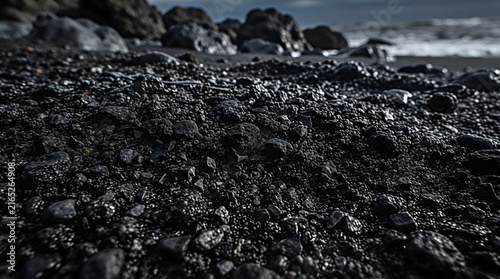 Dramatic dark volcanic black sand beach with glistening wet stones.
