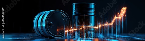 Energy cost inflation, gasoline barrel connected to ascending digital graph, futuristic clean business visualization