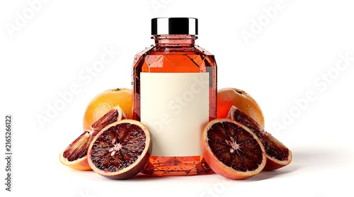 Clear Glass Bottle Filled With Red Liquid Surrounded by Blood Oranges and Slices.