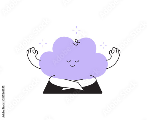 Vector illustration of a cute cloud character meditating in lotus position. Concept for mindfulness, stress relief, inner peace, and mental health care. Modern line art icon.