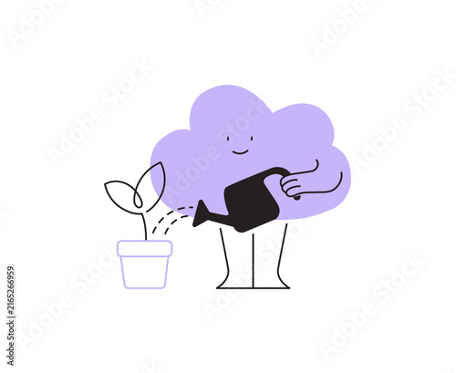 Vector illustration of a cloud character watering a growing plant in a pot. Represents personal growth, self-nourishment, nurturing mental health, and positive habits. Modern line art icon.