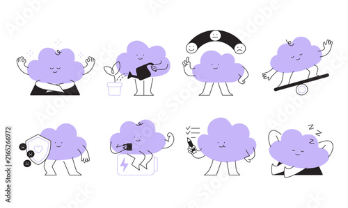 Cute cloud character set illustrating mental health and self-care concepts. Includes meditation, work-life balance, mood tracker, energy recharge, and sleep. Vector line art icons.