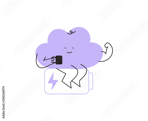 Vector illustration of a strong cloud character drinking coffee on a full battery. Concept for energy recharge, overcoming burnout, motivation, and self-care recovery. Modern line art icon.