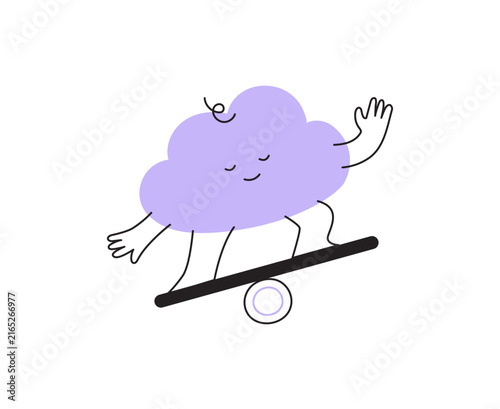 Vector illustration of a cloud character balancing on a seesaw with eyes closed. Concept for emotional stability, work-life balance, harmony, and stress management. Modern line art icon.