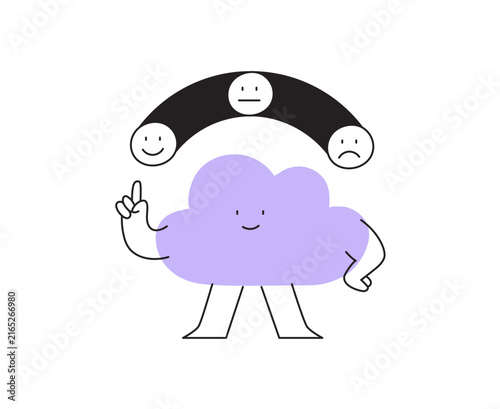 Vector illustration of a cloud character pointing to a mood scale from happy to sad. Ideal concept for mood trackers, emotional intelligence, and mental health apps. Modern line art icon.