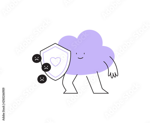 Vector illustration of a cloud character holding a heart shield against negative emotions. Represents personal boundaries, self-protection, and mental resilience. Modern line art icon.