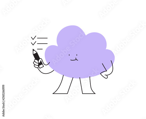 Vector illustration of a cloud character with a pencil checking off a list. Perfect concept for habit tracking, goal setting, daily planning, and self-improvement. Modern line art icon.