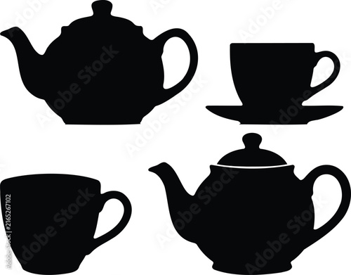 Black silhouette icons of teapots and tea cups