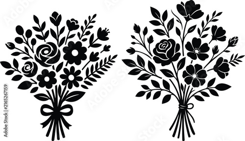 Two flower bouquets with leaves and ribbons
