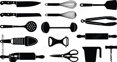 Black silhouette collection of various kitchen utensils