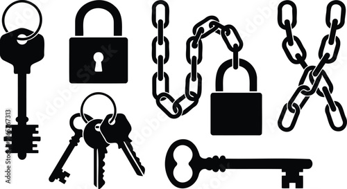 Set of black padlock key and chain icons