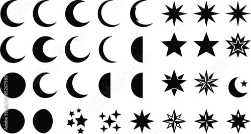 Set of black moon phases and various star icons