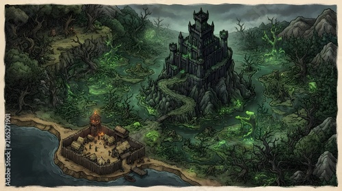 Dark Fantasy Swamp Castle Watercolor Art Illustration