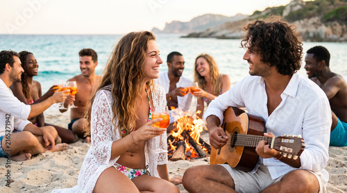 Festa in spiaggia tra amici con falò e chitarra al tramonto
