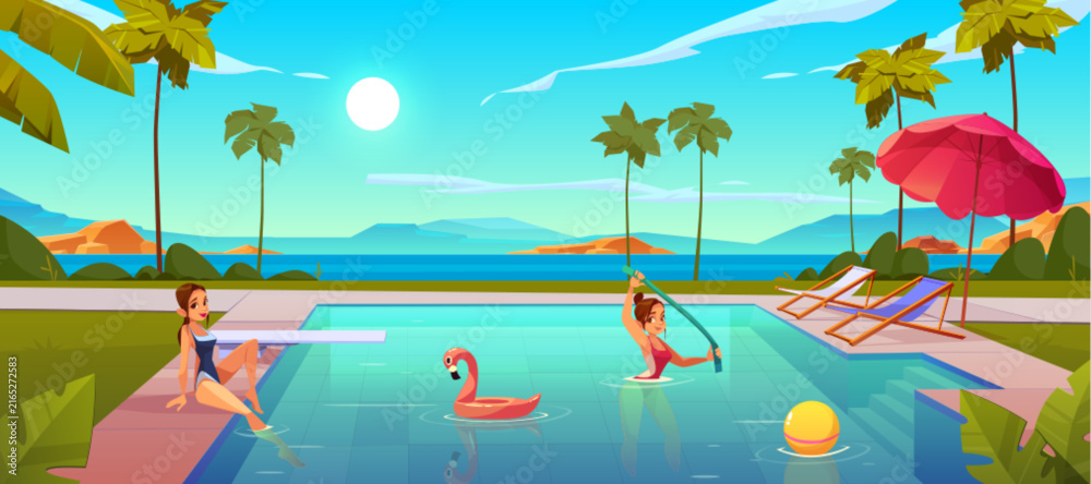 Naklejka premium Pool resort background for summer beach illustration. Luxury swimming vector with cartoon view of blue landscape and umbrella. Relaxing spa hotel with tropical patio, seaside vacation under sunny sky.