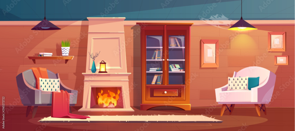 Fototapeta premium Fireplace in cartoon room with vintage armchair and wooden floor. Cozy home scene with cabinet, lamp, bookshelf and warm decor. Vector illustration of living space background.