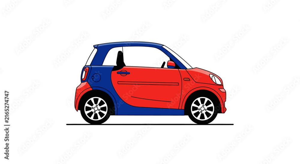 Fototapeta premium A cartoon illustration of a small, compact two-tone car with a red front and a blue rear, viewed from the side.