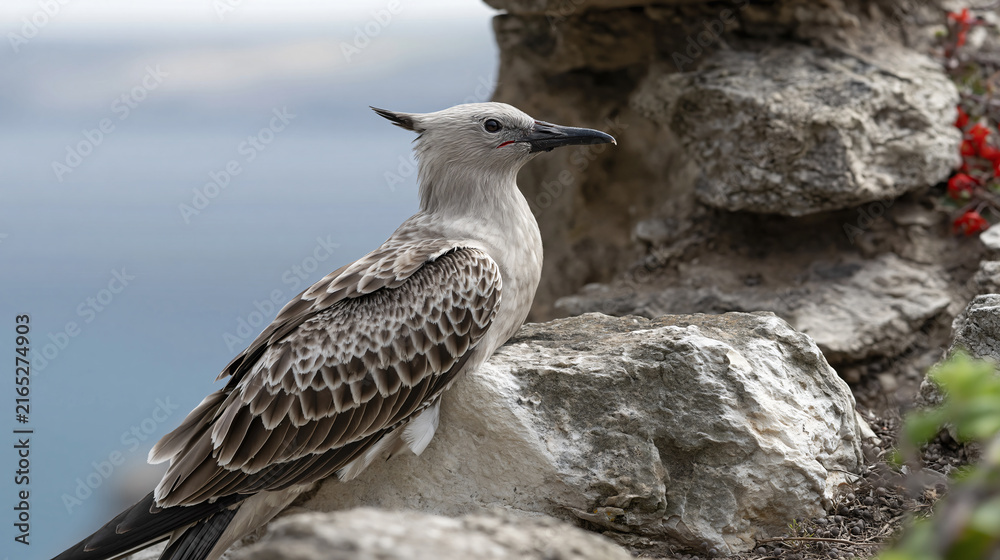 Naklejka premium Seabird Perched on Rocky Outcrop A solitary seabird with distinctive plumage rests on a rugged stone formation overlooking the ocean, its sharp beak and keen eyes surveying the horizon.
