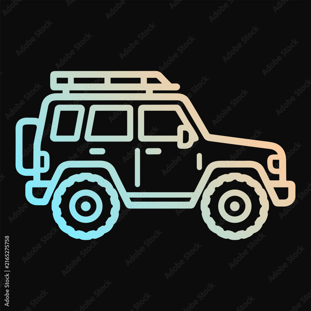 Fototapeta premium Offroad adventure vehicle vector line icon with roof rack and spare tire