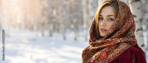 Close up portrait of beautiful young Slavic woman with blue eyes wearing traditional floral winter shawl at snowy birch forest, premium folklore ethnic fashion and sustainable travel lifestyle concept