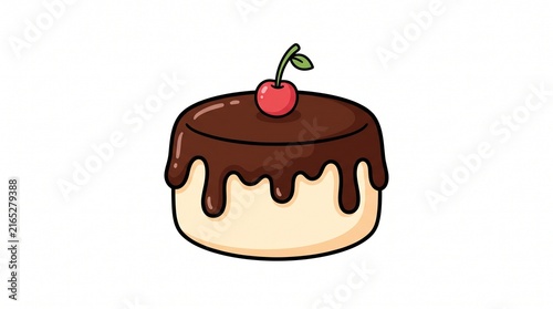 Cute Cartoon Chocolate Cake Illustration with a Red Cherry