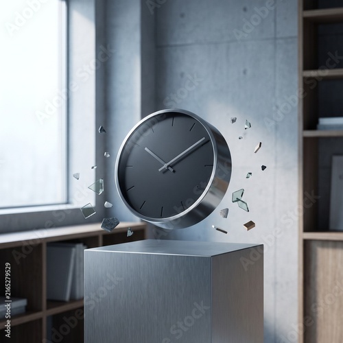 Modern Minimalist Clock Floating Above a Pedestal in a Contemporary Concrete Interior