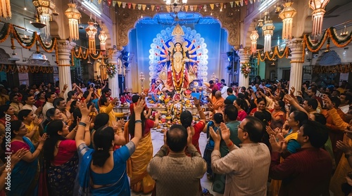 Devotees gathered in a temple performing traditional prayers and rituals before the idol of goddess durga during durga puja festival