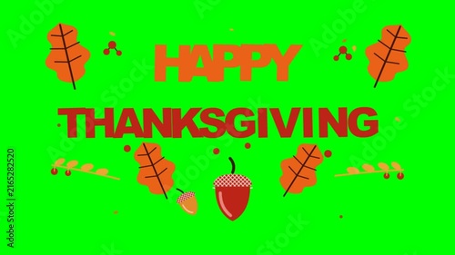 Happy Thanksgiving Greeting Animation with Autumn Leaves and Acorns on Green Background