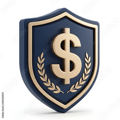 3D rendered shield icon featuring a golden dollar sign symbol for financial security and protection.