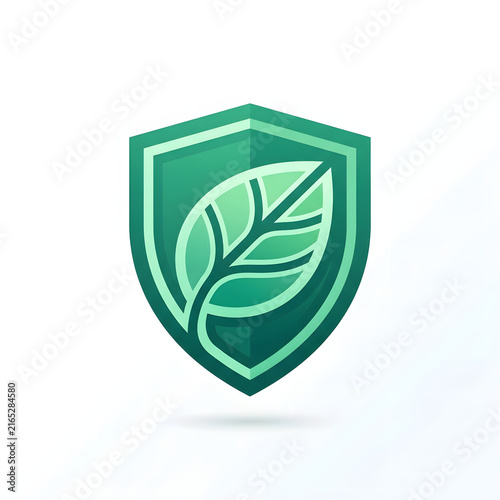 Abstract green shield logo icon with a stylized leaf design for environmental protection and sustainability concepts.
