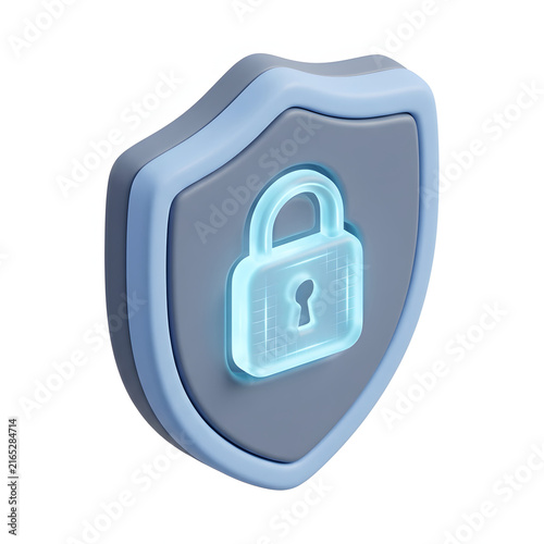 3D render of a blue shield icon with a glowing padlock symbol for cybersecurity concepts.
