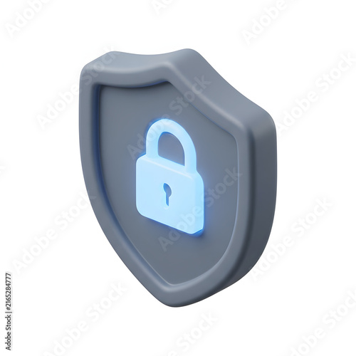 3D rendered shield icon with a glowing padlock symbol representing digital security and data protection.