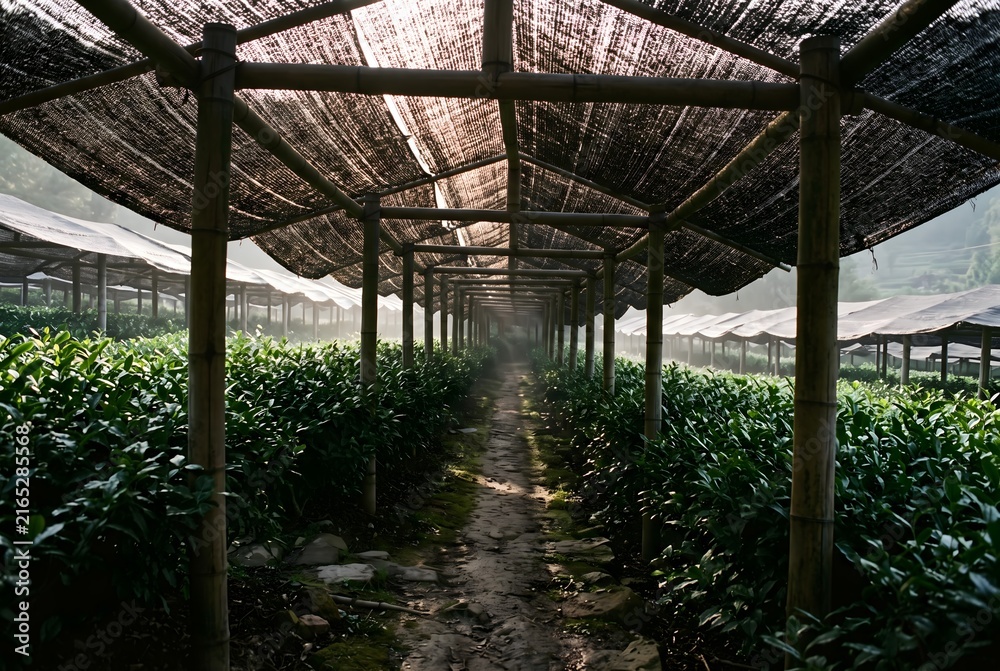 Fototapeta premium Rows of tea bushes covered by traditional shading canopies, dark woven shade cloth stretched over bamboo frames filtering sunlight into soft dappled shafts.