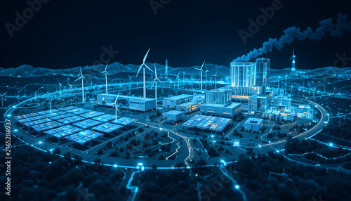 Futuristic smart power plant with wind turbines and solar panels in a digital landscape.