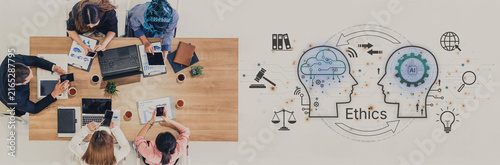 Konstfotografi Business team discussing ethics and technology concepts with artificial intelligence symbols and legal icons on a wooden table in a collaborative workspace