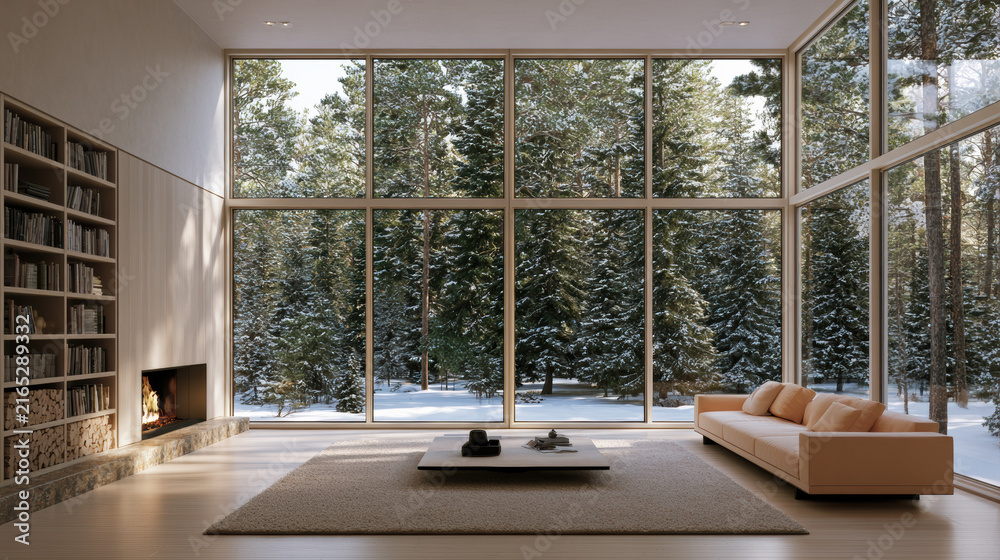Naklejka premium Cozy modern living room with large windows beige sofa fireplace bookshelf forest view winter minimalist style peaceful atmosphere