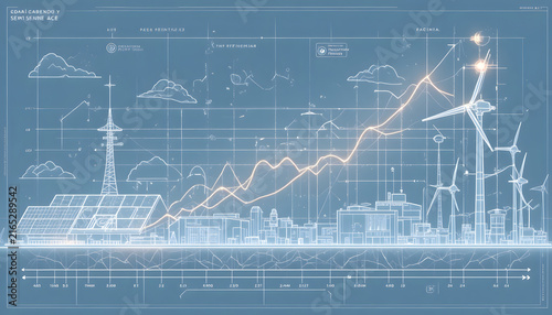 Renewable energy growth chart with wind turbines and solar panels digital blueprint