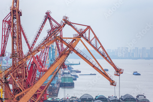 Photography Heavy-duty harbor cranes loading and unloading cargo in maritime logistics hub near Shanghai