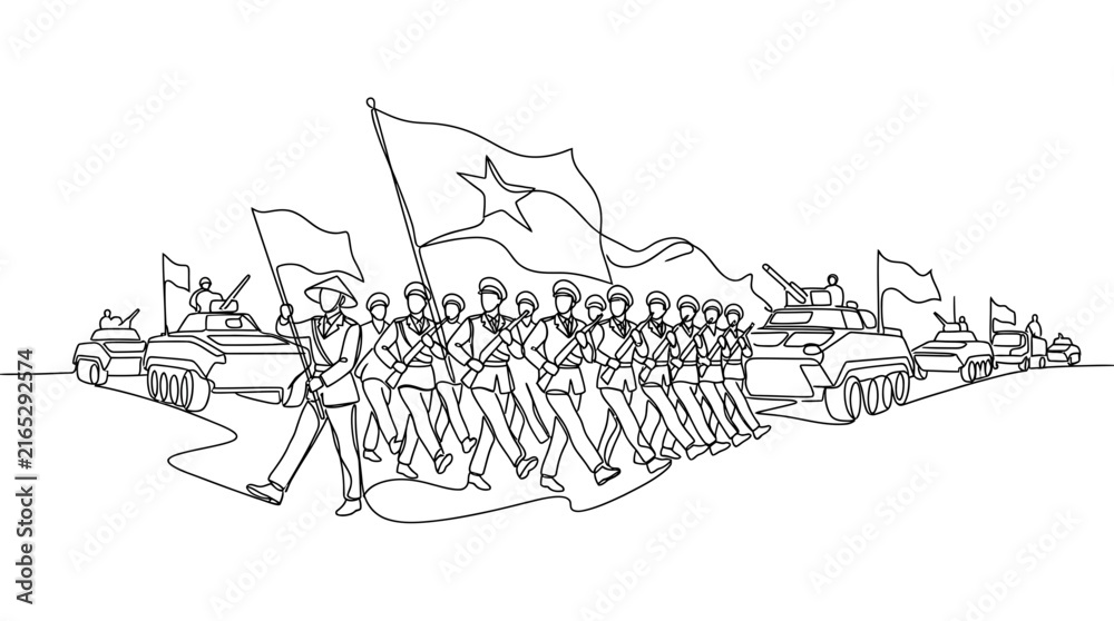 Fototapeta premium Continuous Line Drawing of Soldiers Marching in Military Parade with Armored Vehicles and Flags